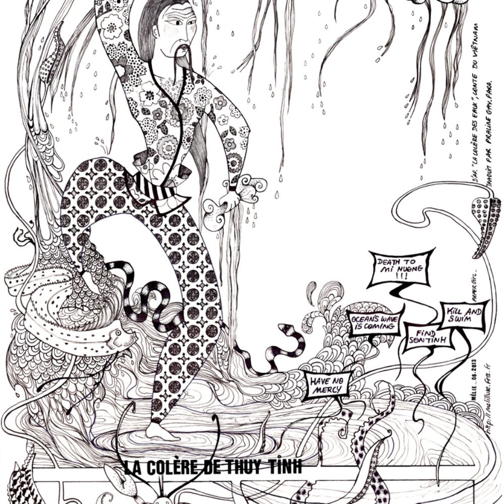 <i>La colère de Thuy Tinh,</i> d'après « La colère des eaux » conte vietnamien. Encres sur papier calque, 2013