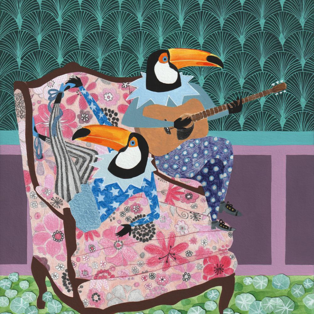 <i>Les oiseaux dans les fauteuils</i> #8. Techniques graphiques mixtes, 2021. Vendu par la Librairie Tropiques